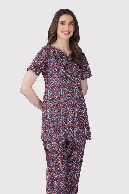 Dark Red Cotton Printed Pyjama Set
