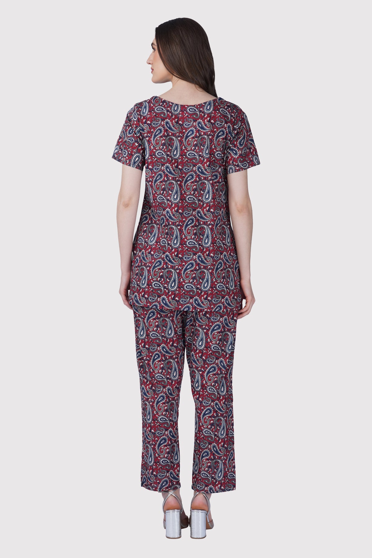 Dark Red Cotton Printed Pyjama Set