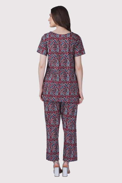 Dark Red Cotton Printed Pyjama Set
