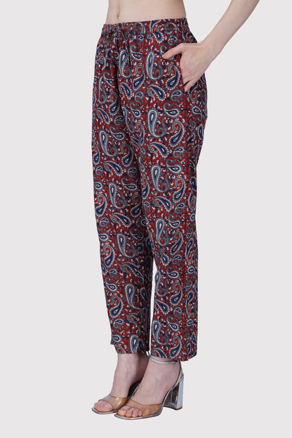 Dark Red Cotton Printed Pyjama Set