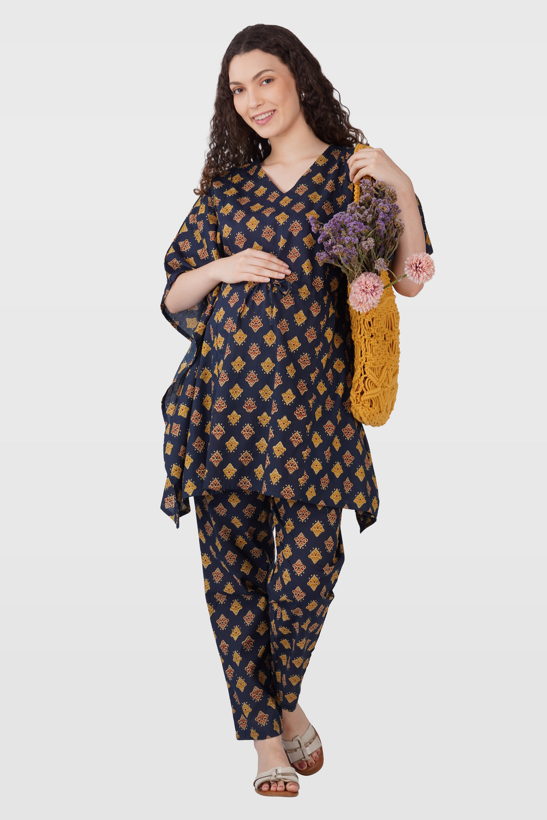 Dark Sapphire Cotton Printed Maternity and Feeding Kaftan Set