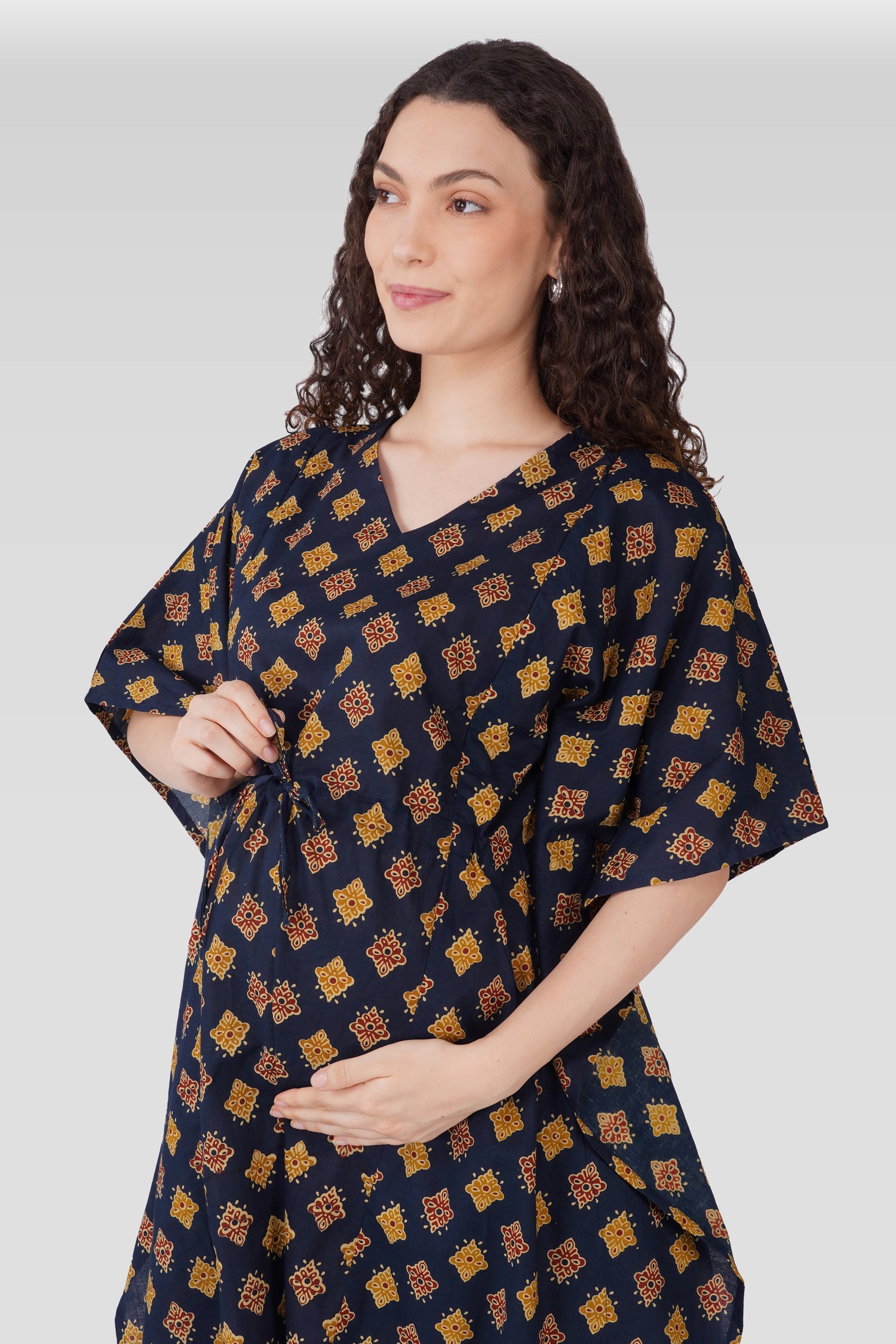 Dark Sapphire Cotton Printed Maternity and Feeding Kaftan Set
