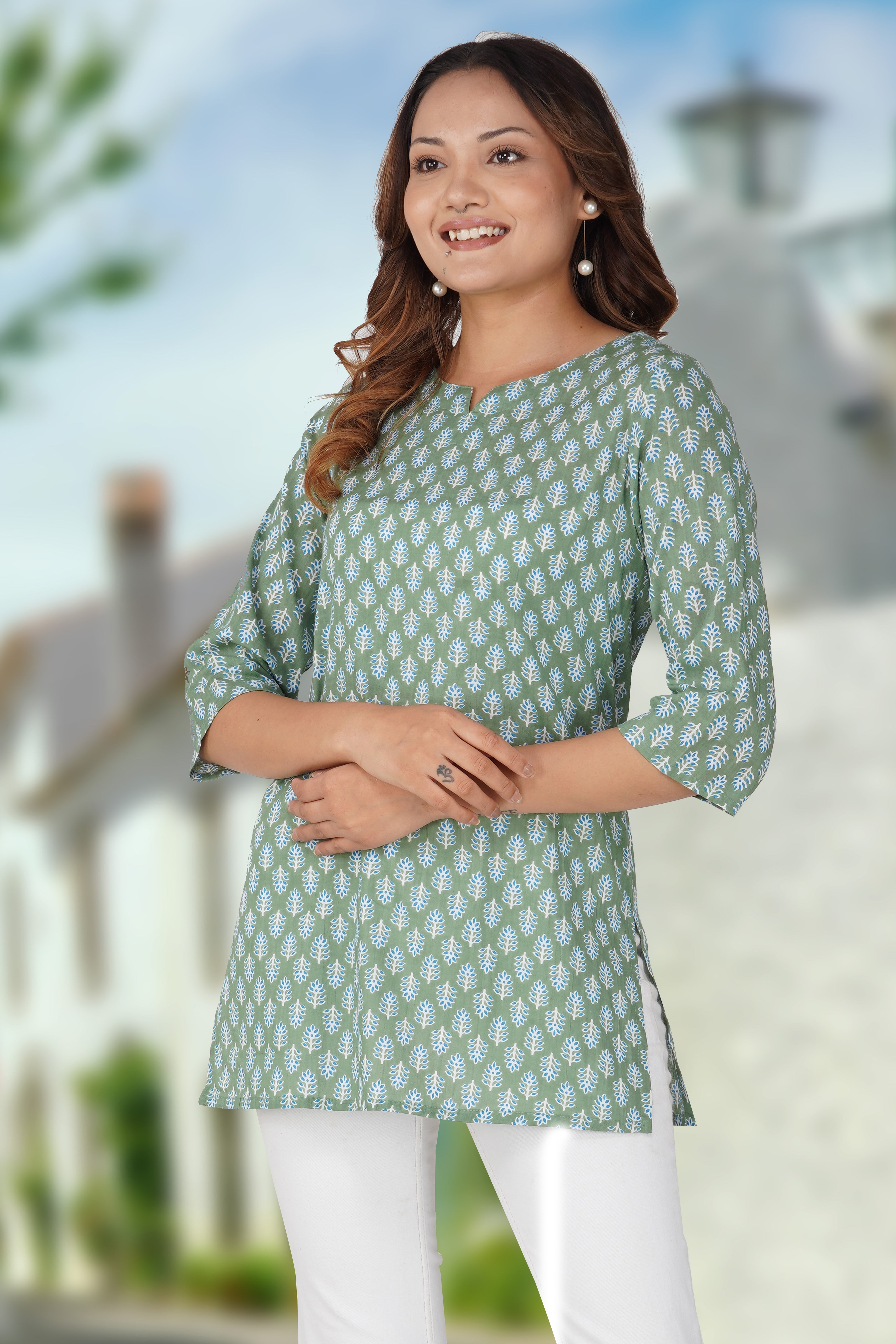 Dark Sea Green Cotton Printed Kurti