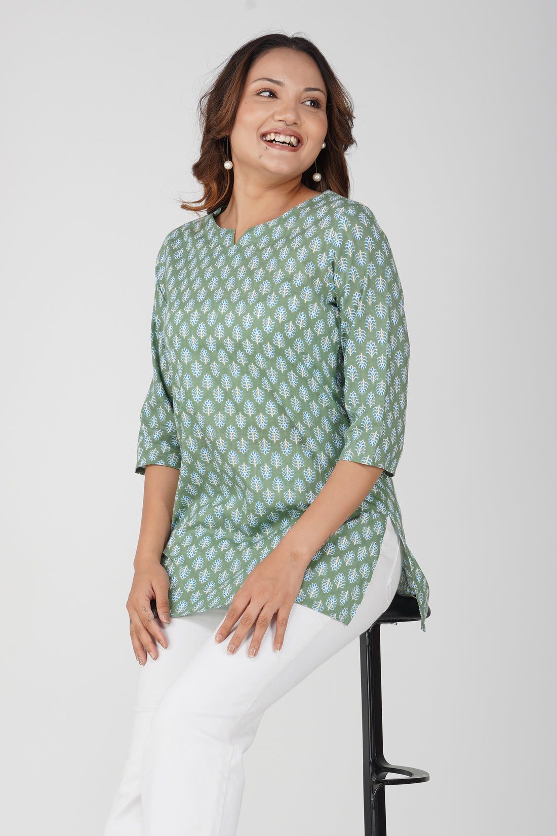 Dark Sea Green Cotton Printed Kurti