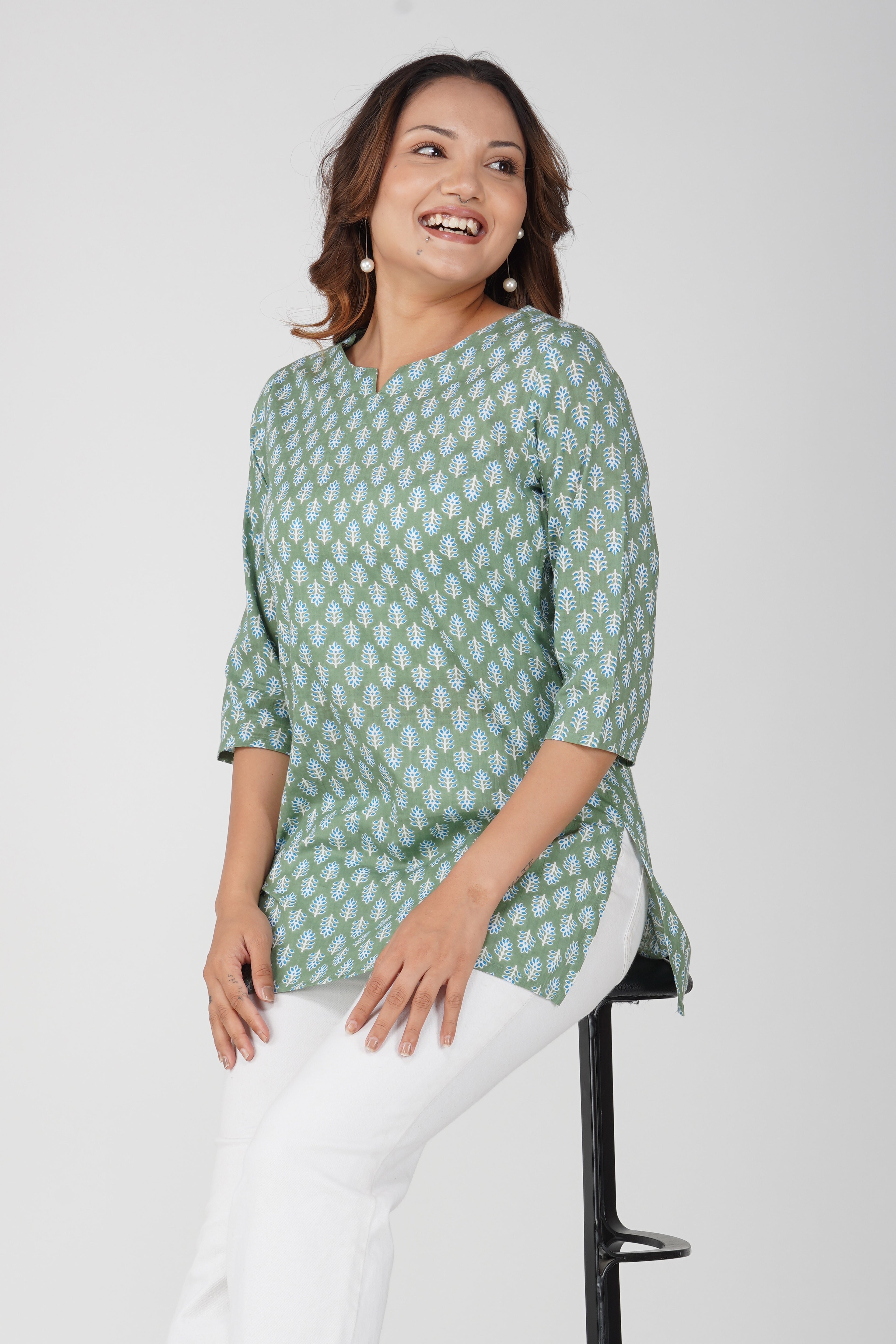 Dark Sea Green Cotton Printed Kurti