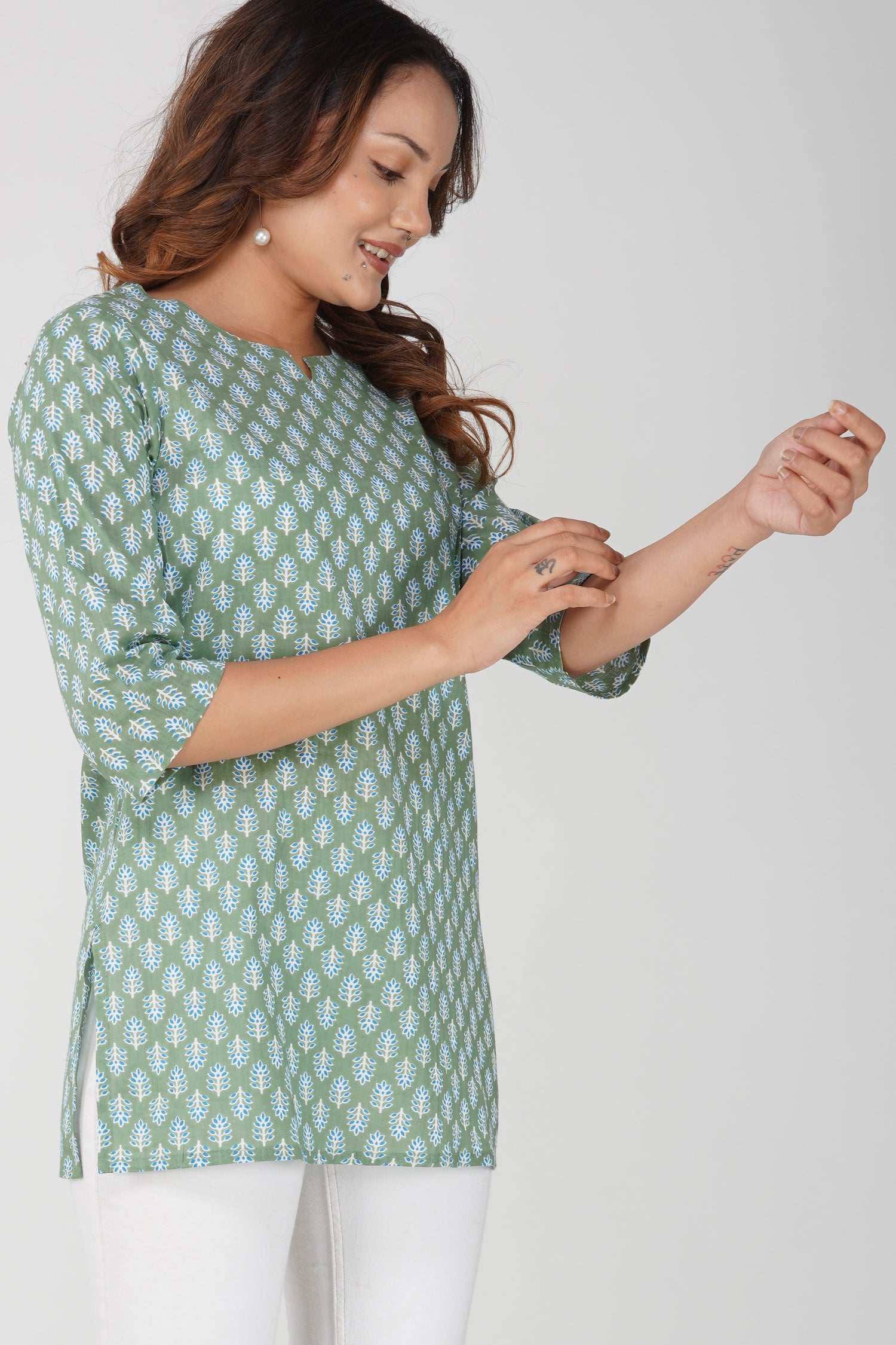 Dark Sea Green Cotton Printed Kurti