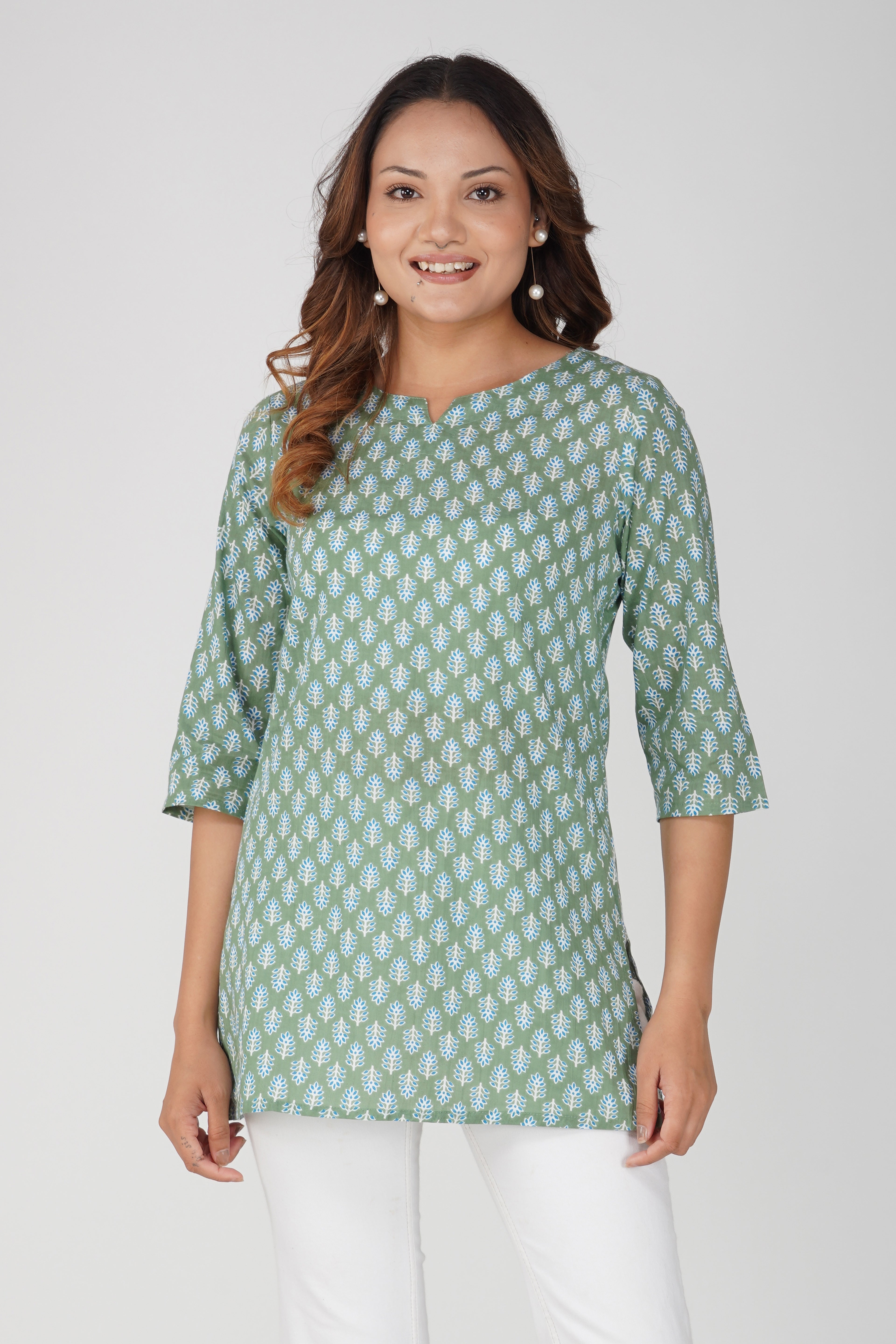 Dark Sea Green Cotton Printed Kurti