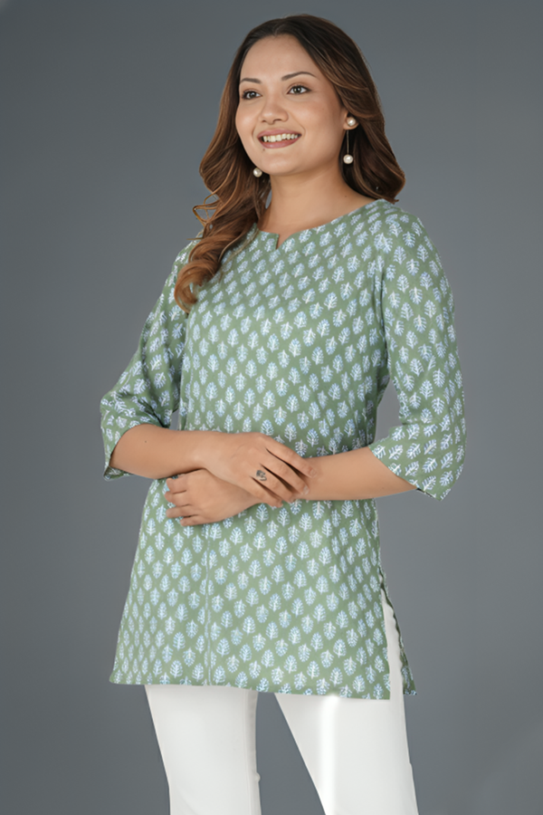 Dark Sea Green Cotton Printed Kurti