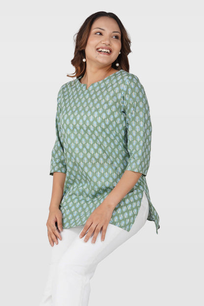 Dark Sea Green Cotton Printed Kurti