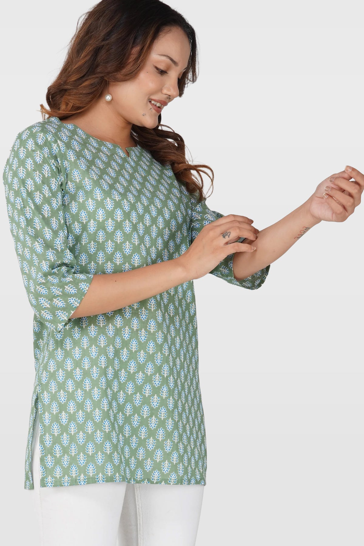 Dark Sea Green Cotton Printed Kurti