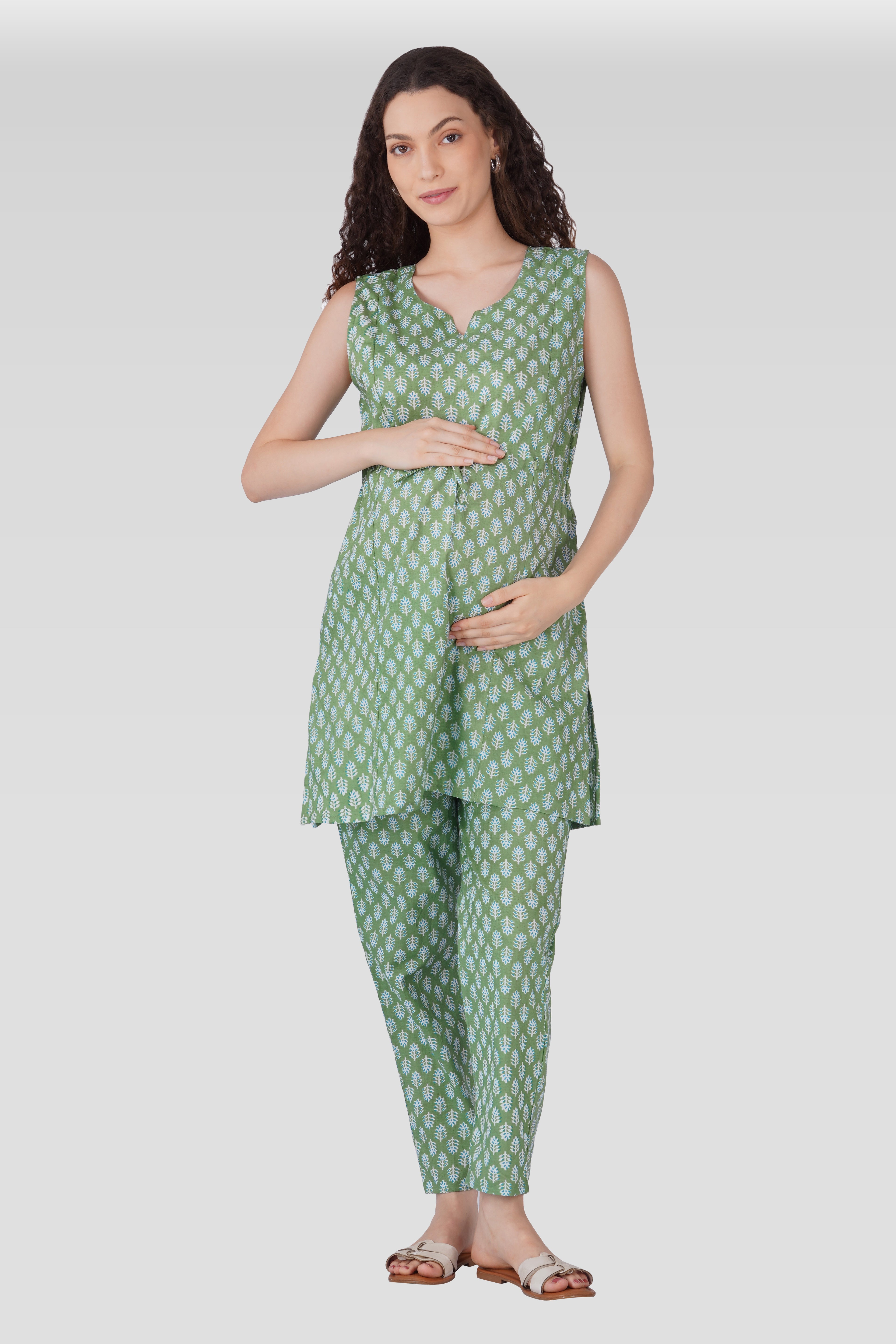 Dark Sea Green Cotton Printed Maternity and Feeding Kurta Set
