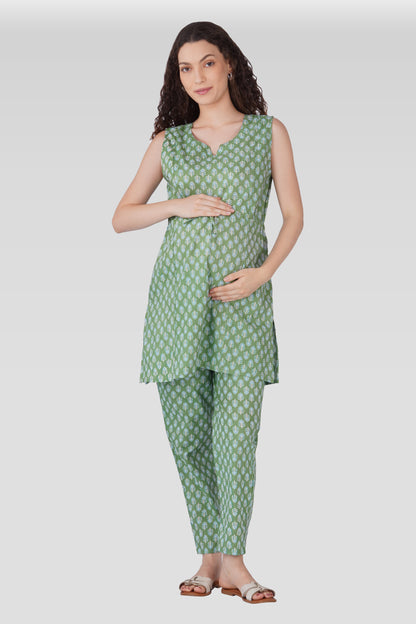 Dark Sea Green Cotton Printed Maternity and Feeding Kurta Set