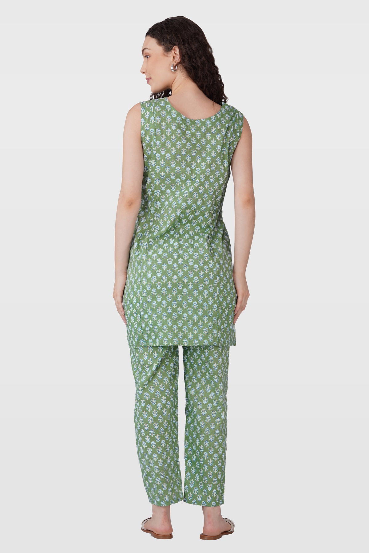 Dark Sea Green Cotton Printed Maternity and Feeding Kurta Set