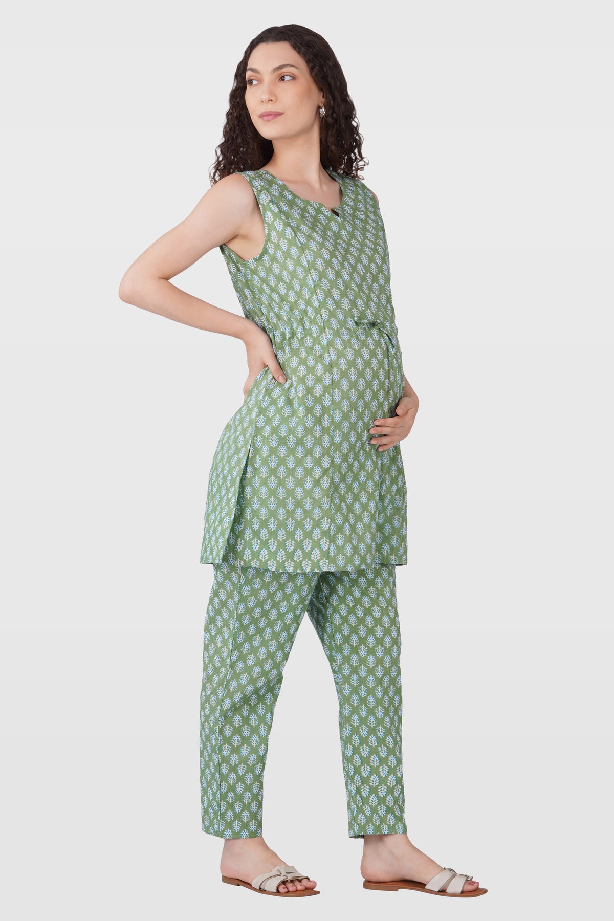Dark Sea Green Cotton Printed Maternity and Feeding Kurta Set