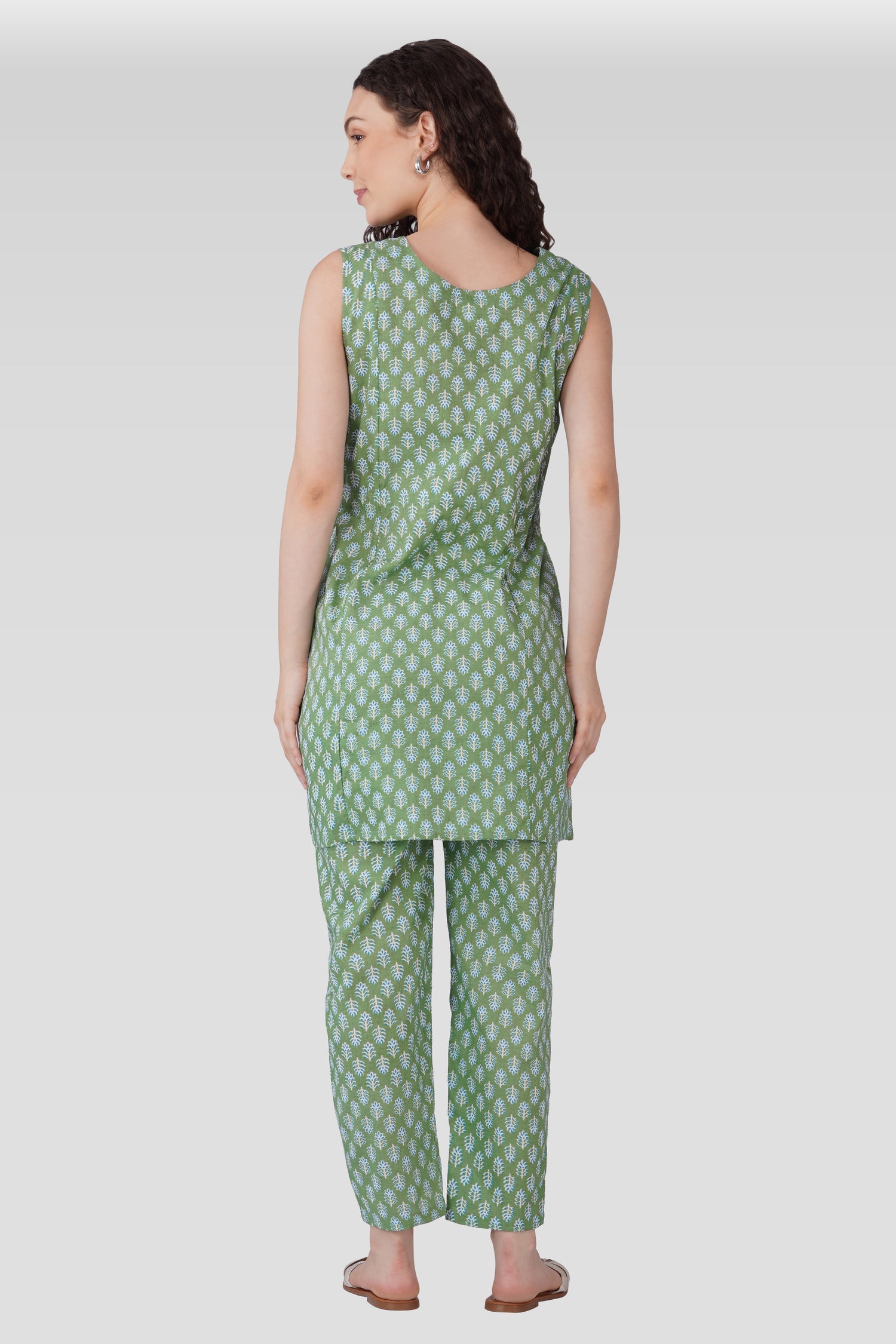 Dark Sea Green Cotton Printed Maternity and Feeding Kurta Set