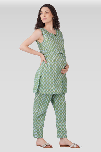 Dark Sea Green Cotton Printed Maternity and Feeding Kurta Set