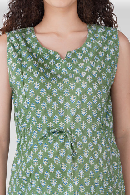 Dark Sea Green Cotton Printed Maternity and Feeding Kurta Set