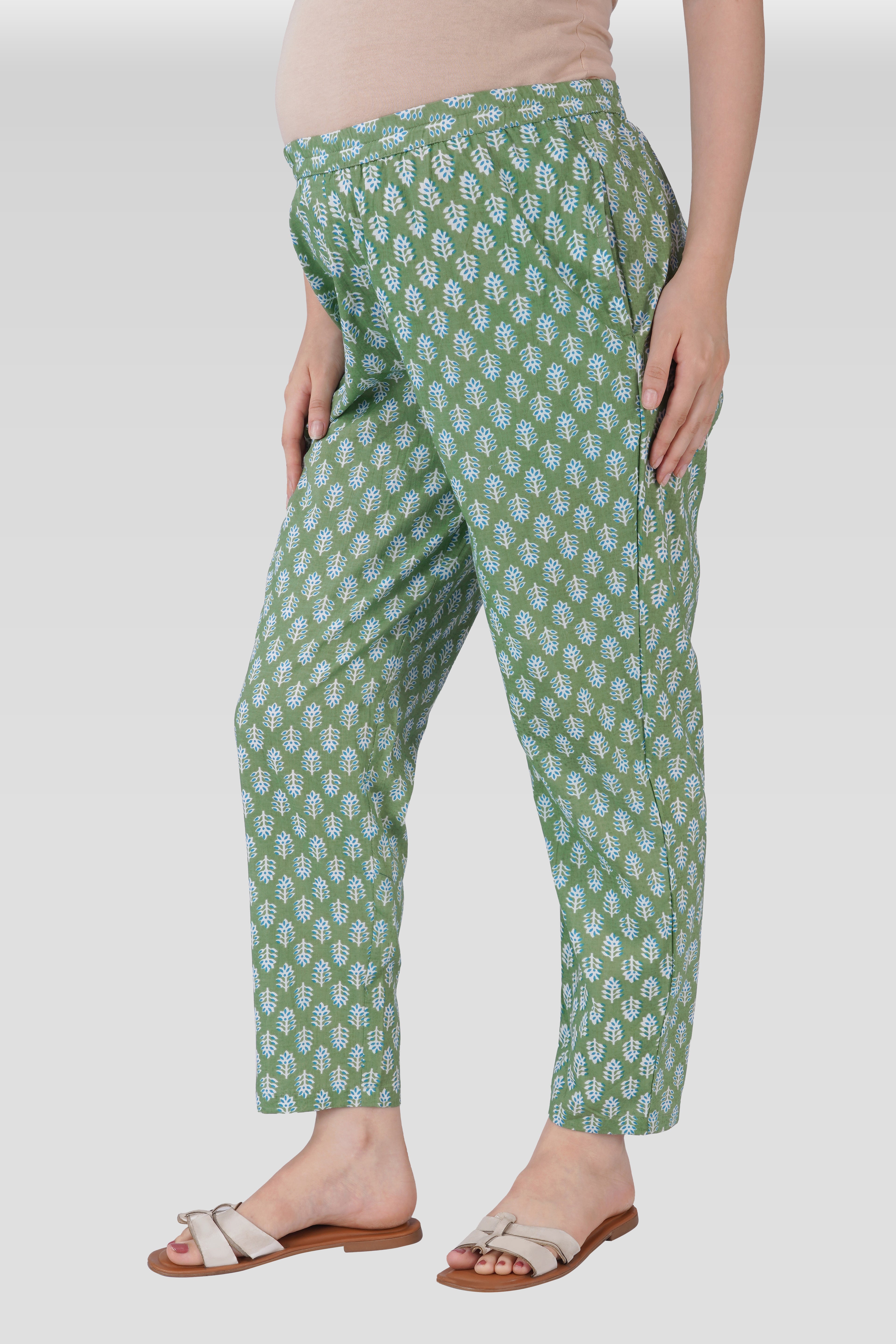 Dark Sea Green Cotton Printed Maternity and Feeding Kurta Set