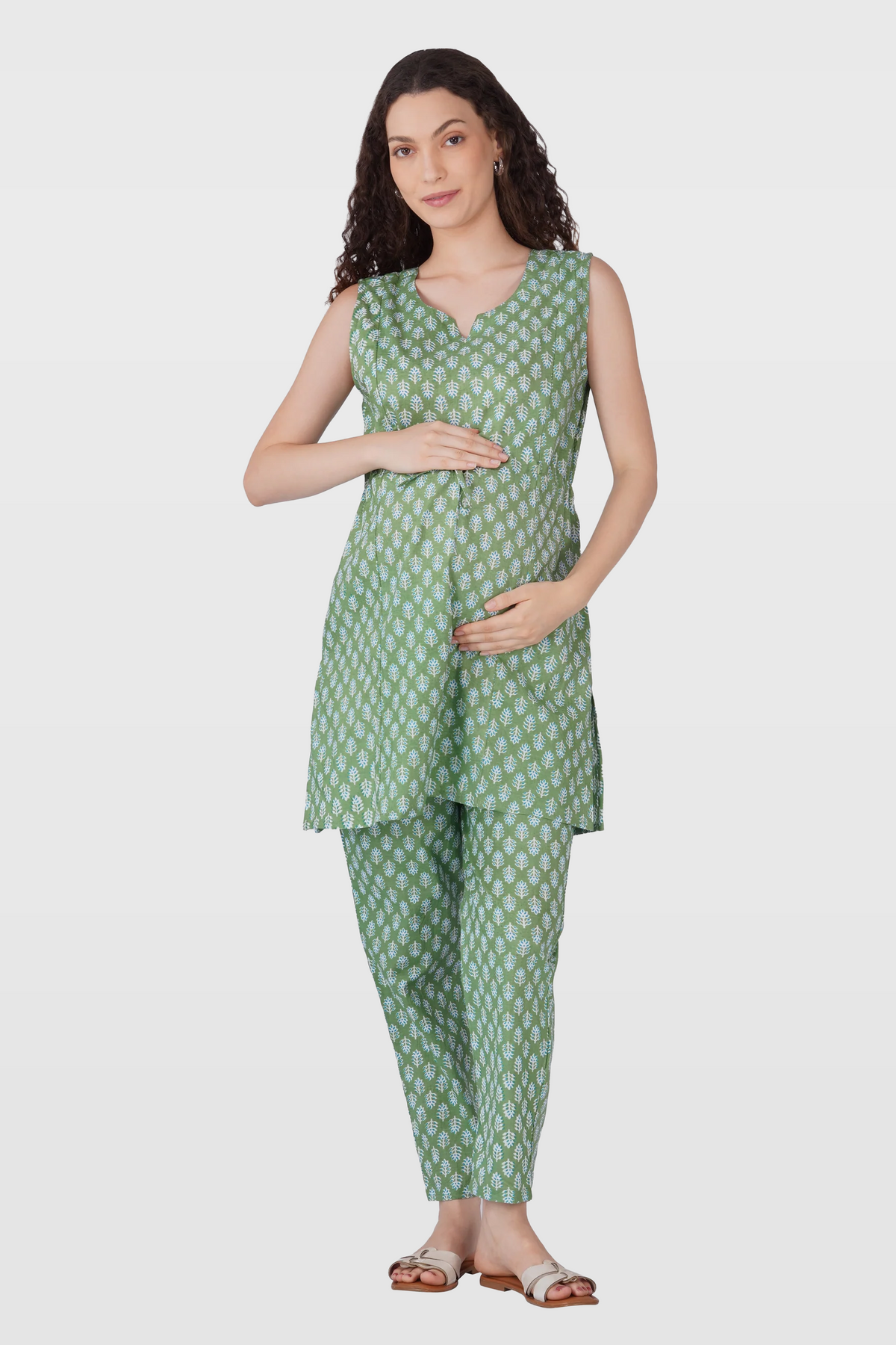 Dark Sea Green Cotton Printed Maternity and Feeding Kurta Set