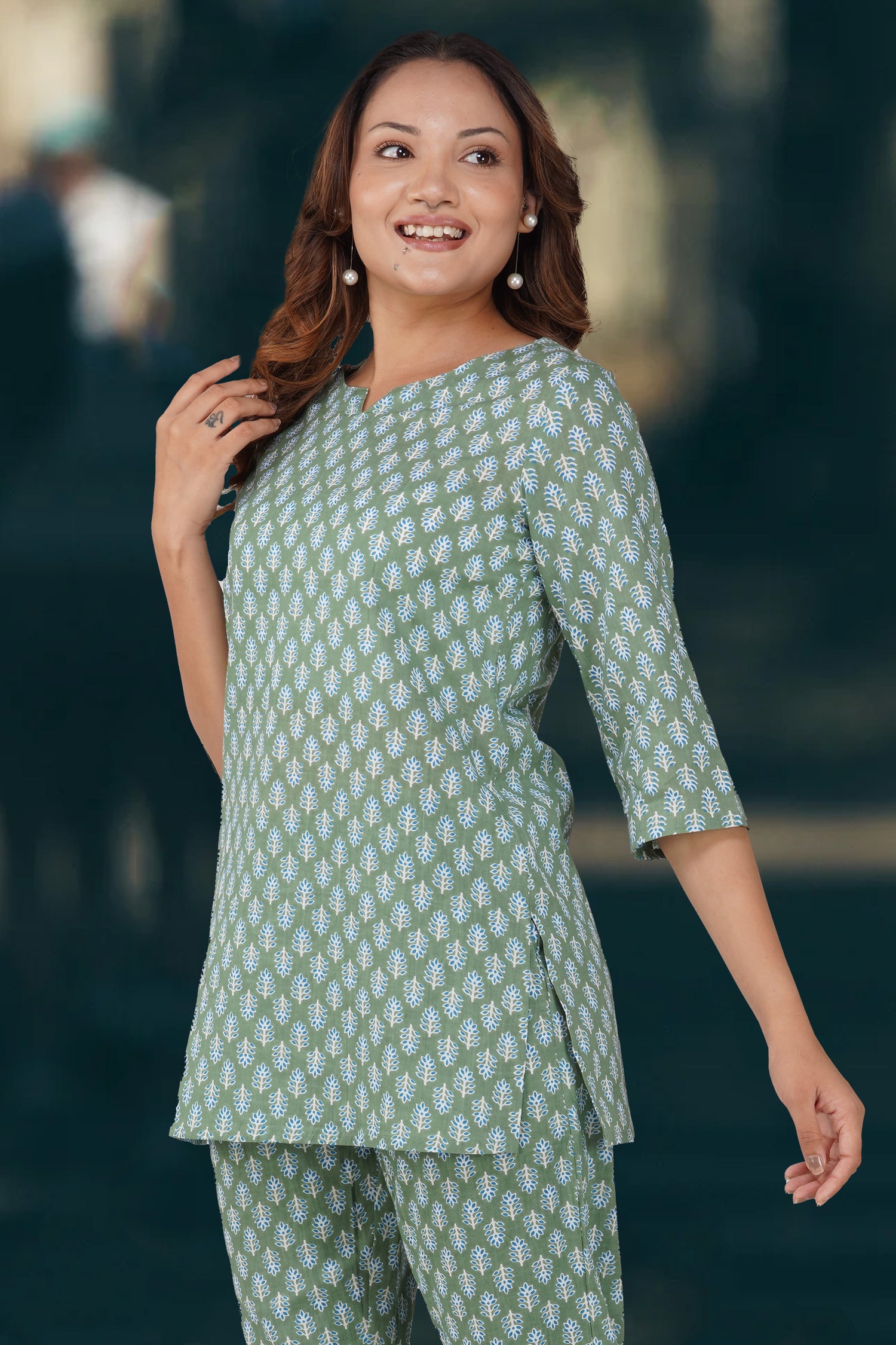 Dark Sea Green Cotton Printed Pyjama Set