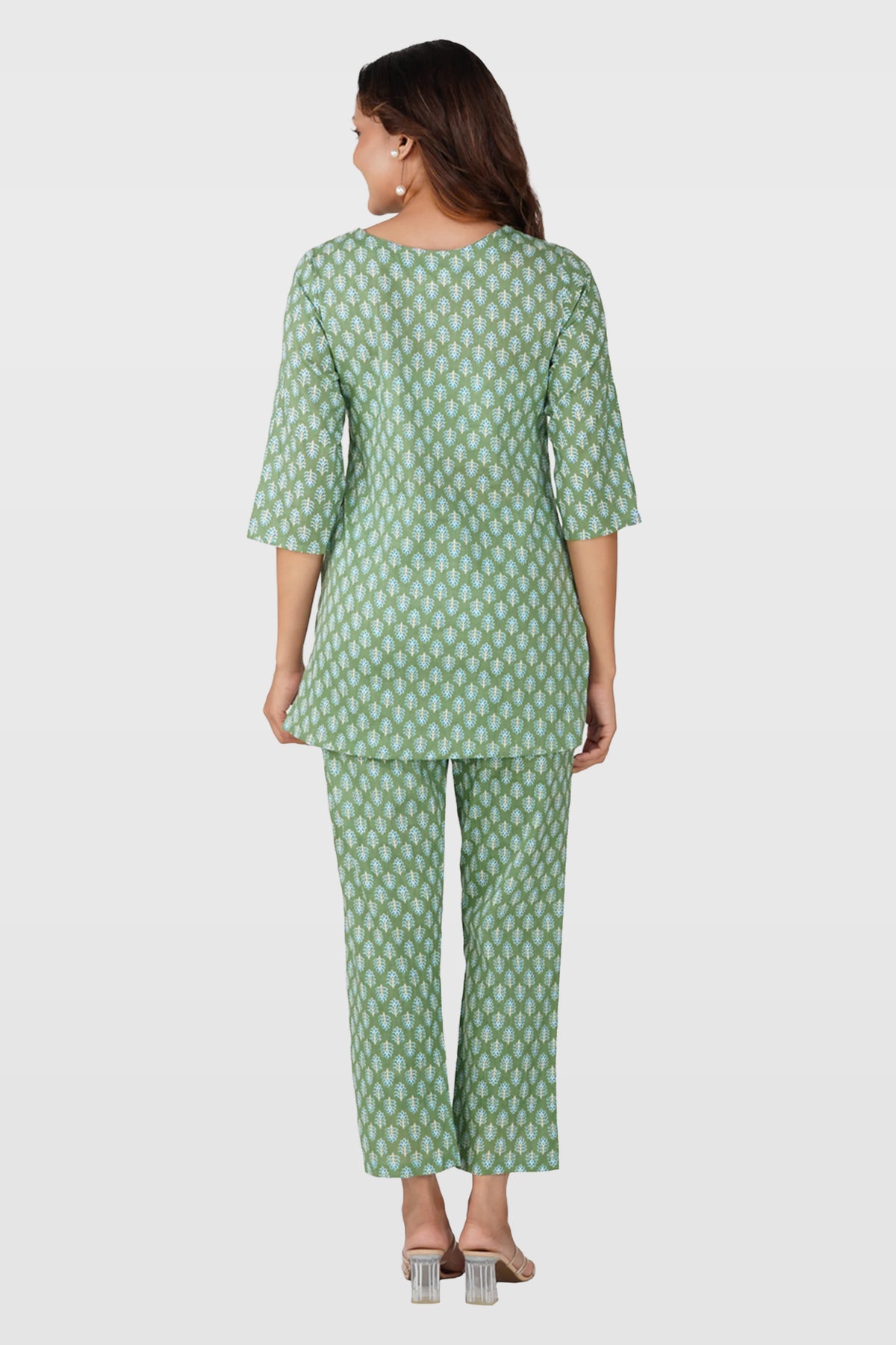 Dark Sea Green Cotton Printed Pyjama Set