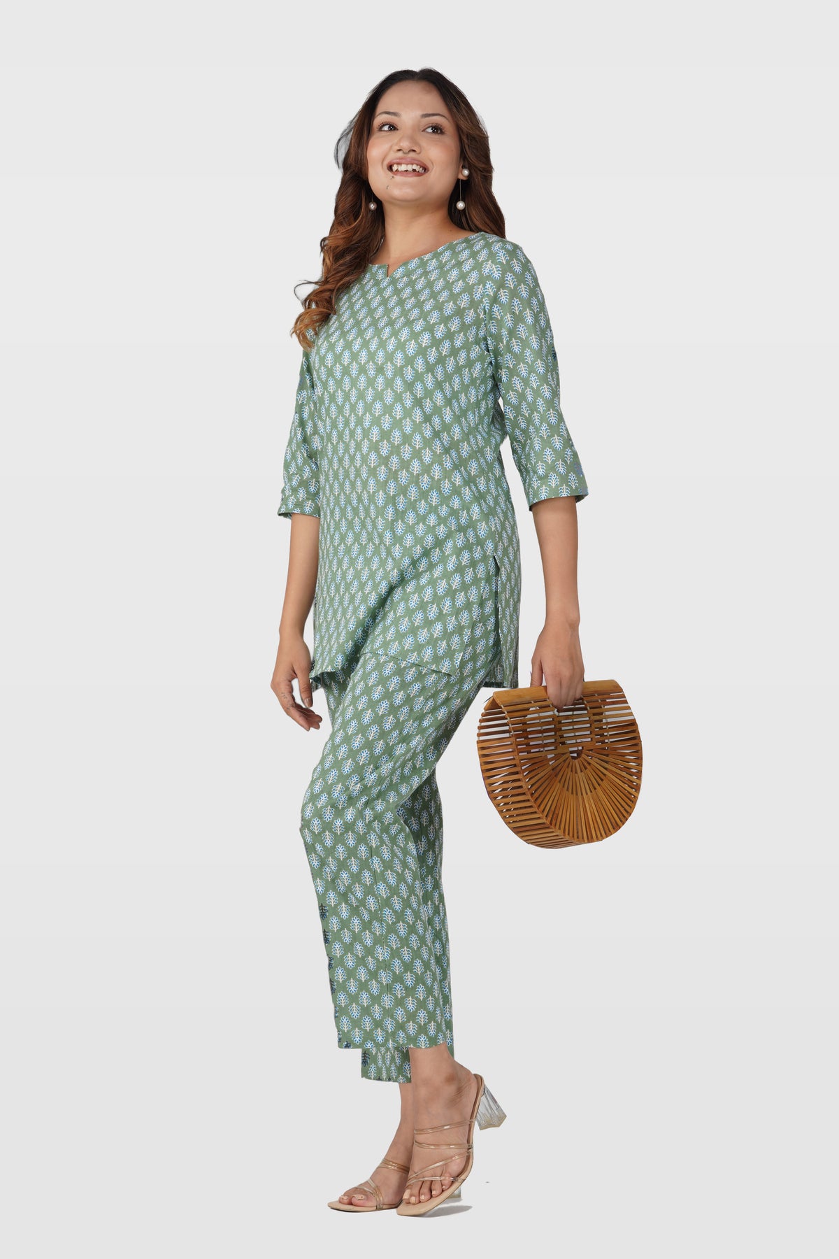 Dark Sea Green Cotton Printed Pyjama Set