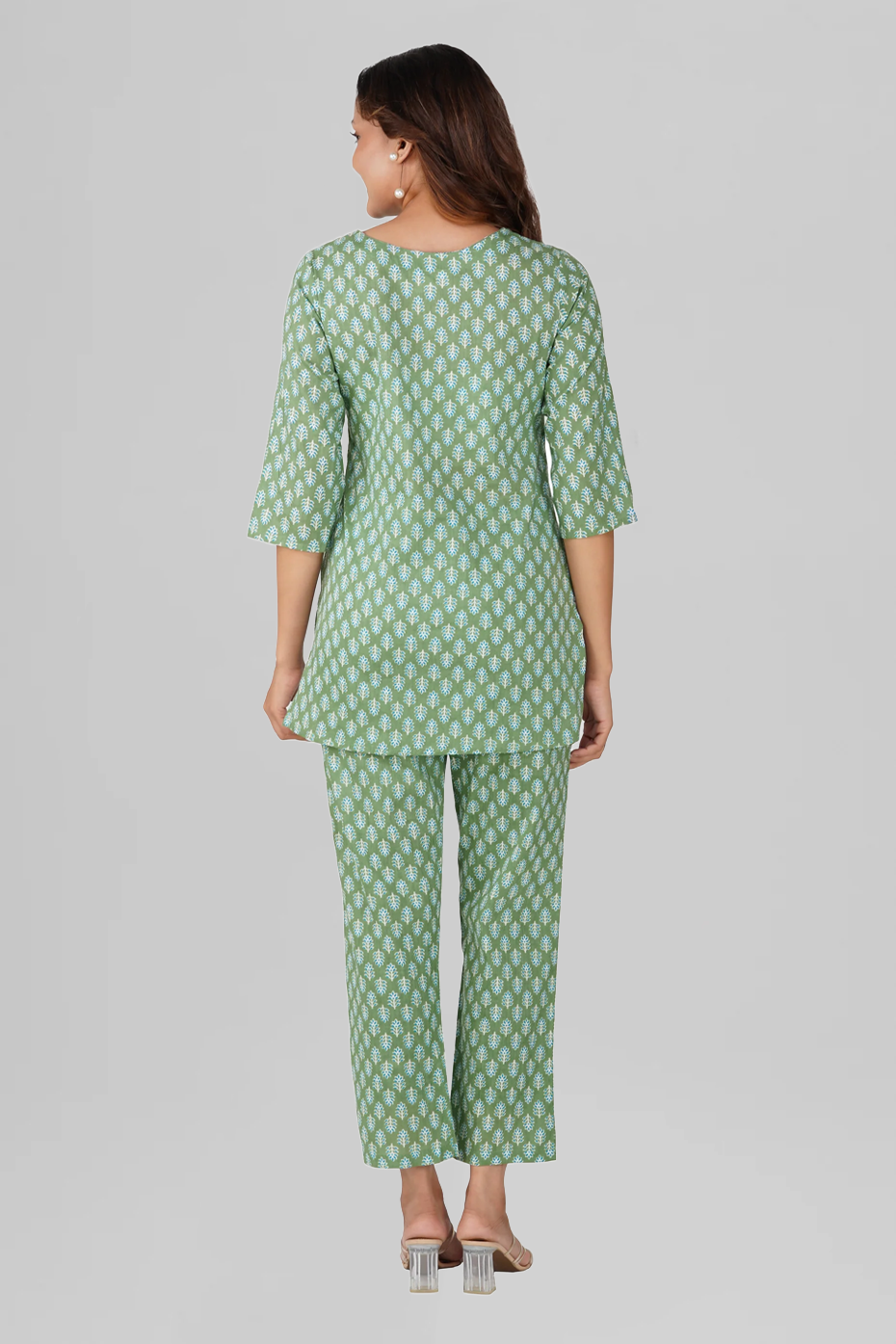 Dark Sea Green Cotton Printed Pyjama Set