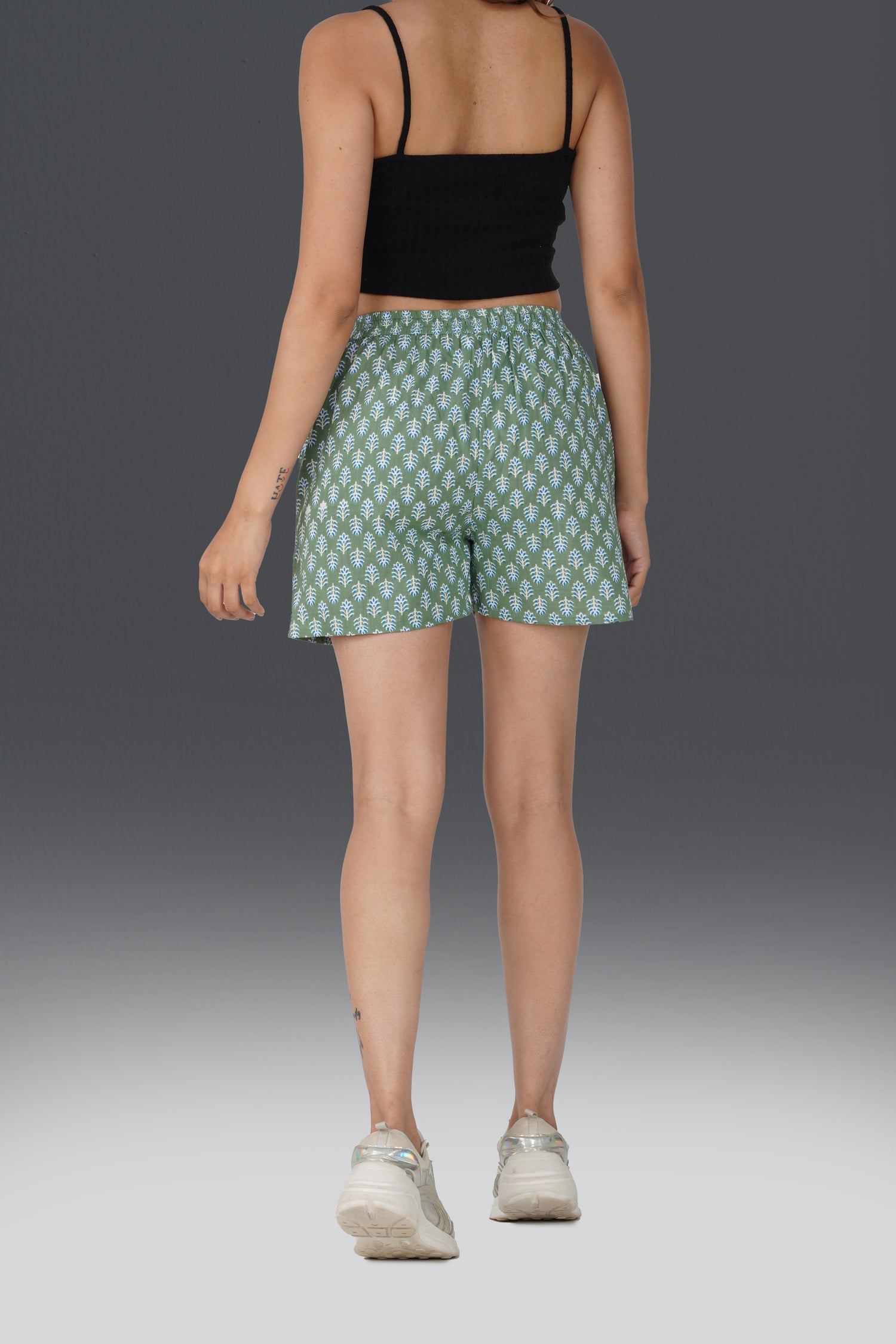 Dark Sea Green Cotton Printed Shorts