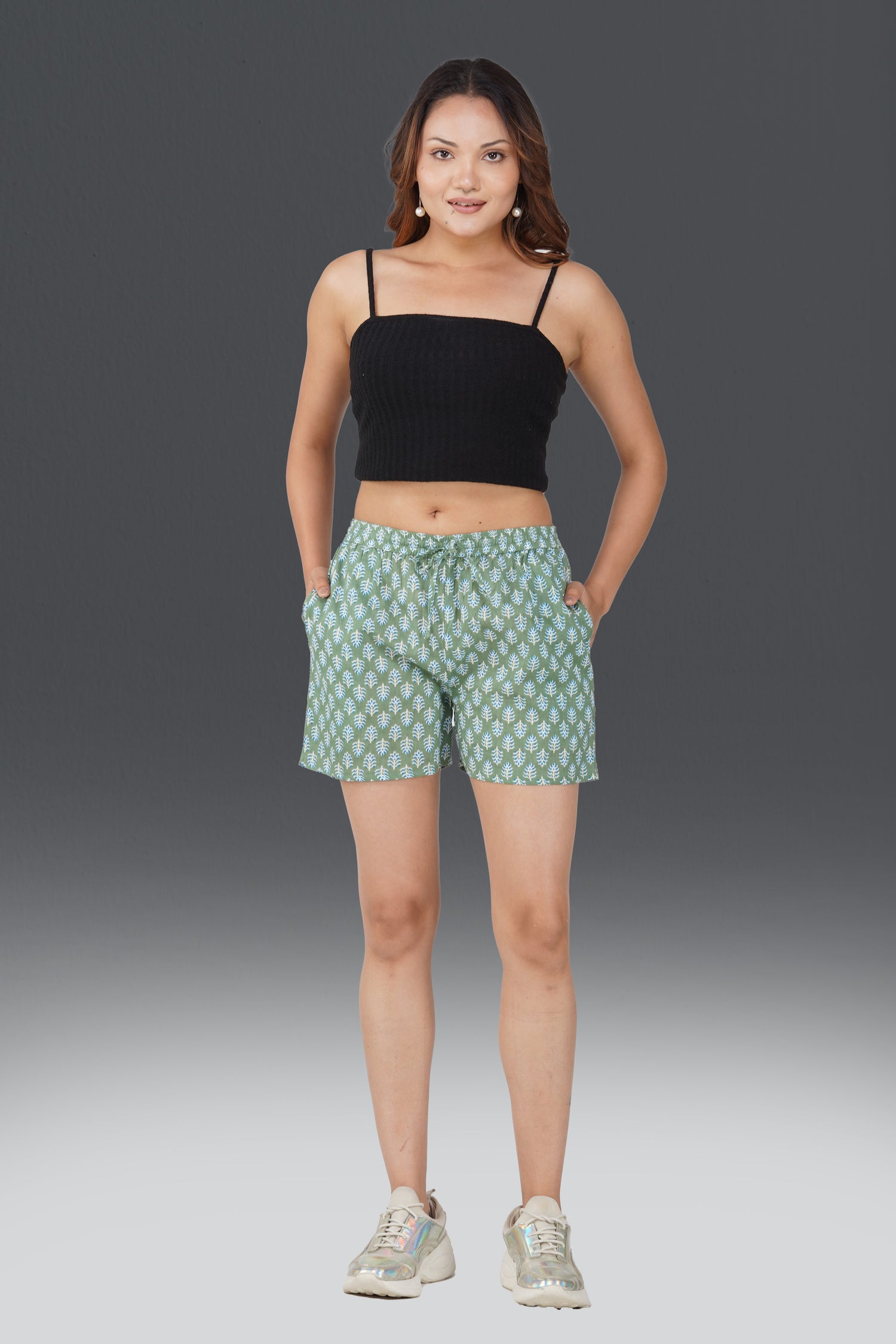 Dark Sea Green Cotton Printed Shorts