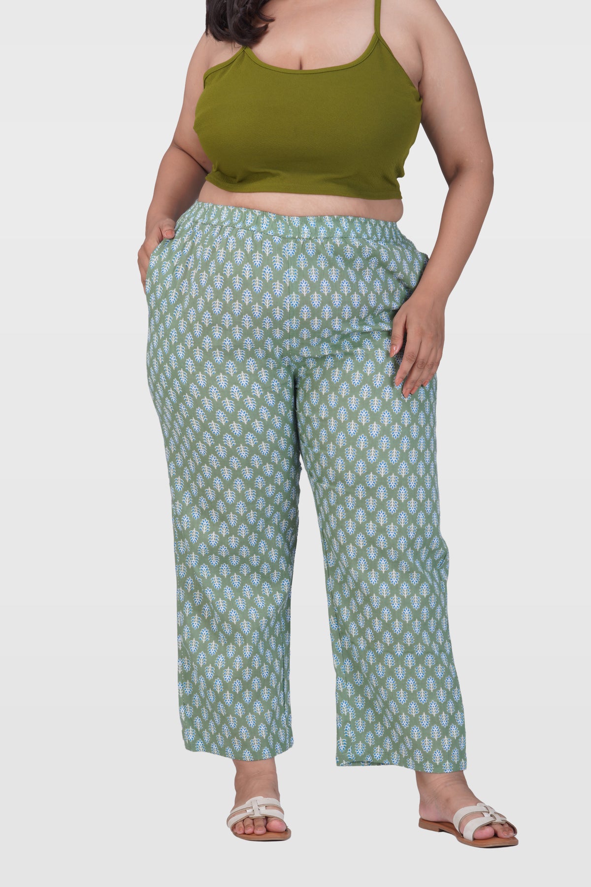 Dark Sea Green Plus Size Cotton Printed Bottom