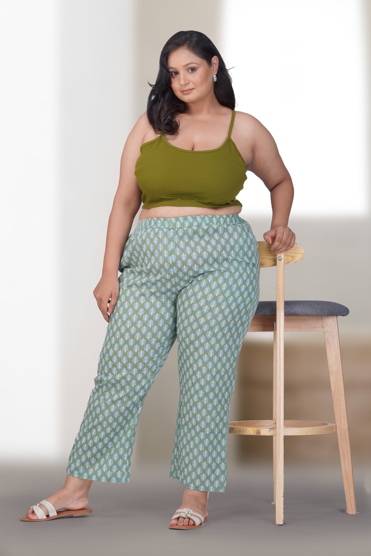 Dark Sea Green Plus Size Cotton Printed Bottom