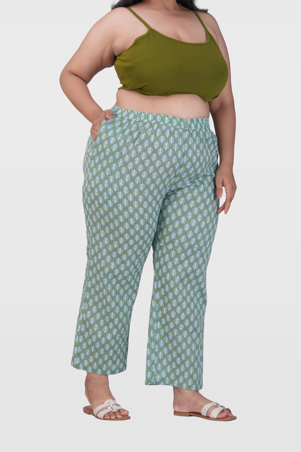 Dark Sea Green Plus Size Cotton Printed Bottom