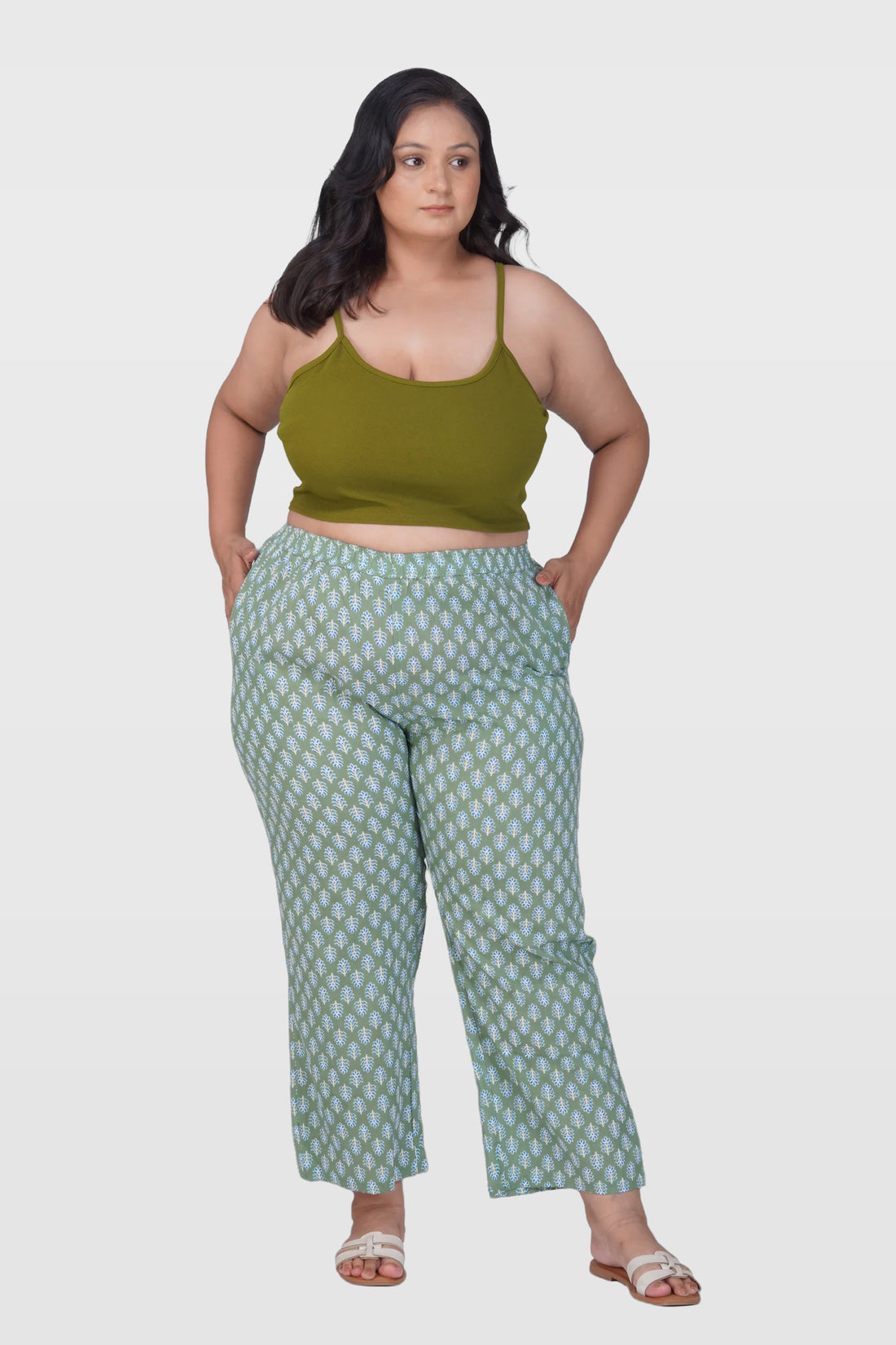 Dark Sea Green Plus Size Cotton Printed Bottom