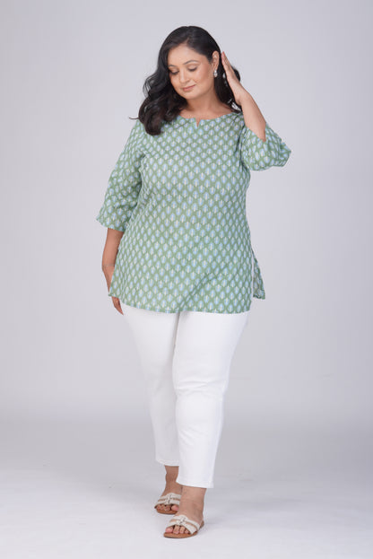 Dark Sea Green Plus Size Cotton Printed Kurti