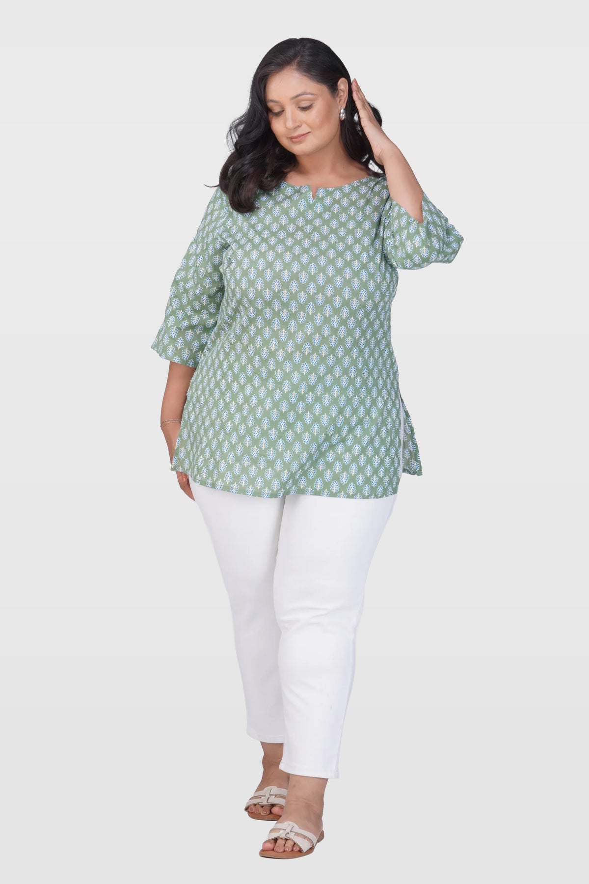 Dark Sea Green Plus Size Cotton Printed Kurti