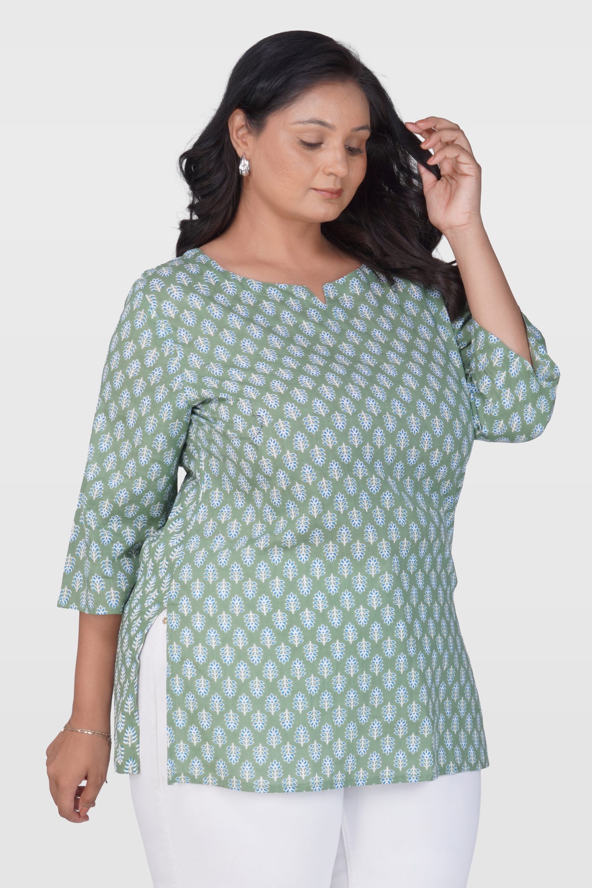 Dark Sea Green Plus Size Cotton Printed Kurti