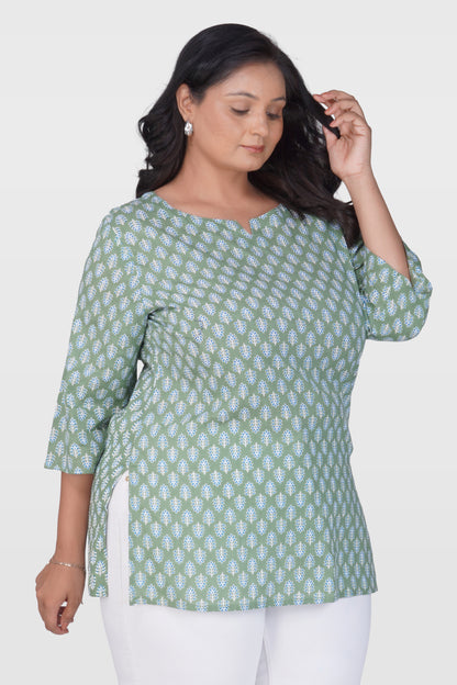 Dark Sea Green Plus Size Cotton Printed Kurti