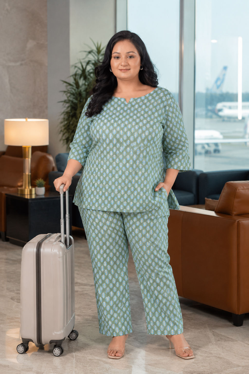 Dark Sea Green Plus Size Cotton Printed Pyjama Set