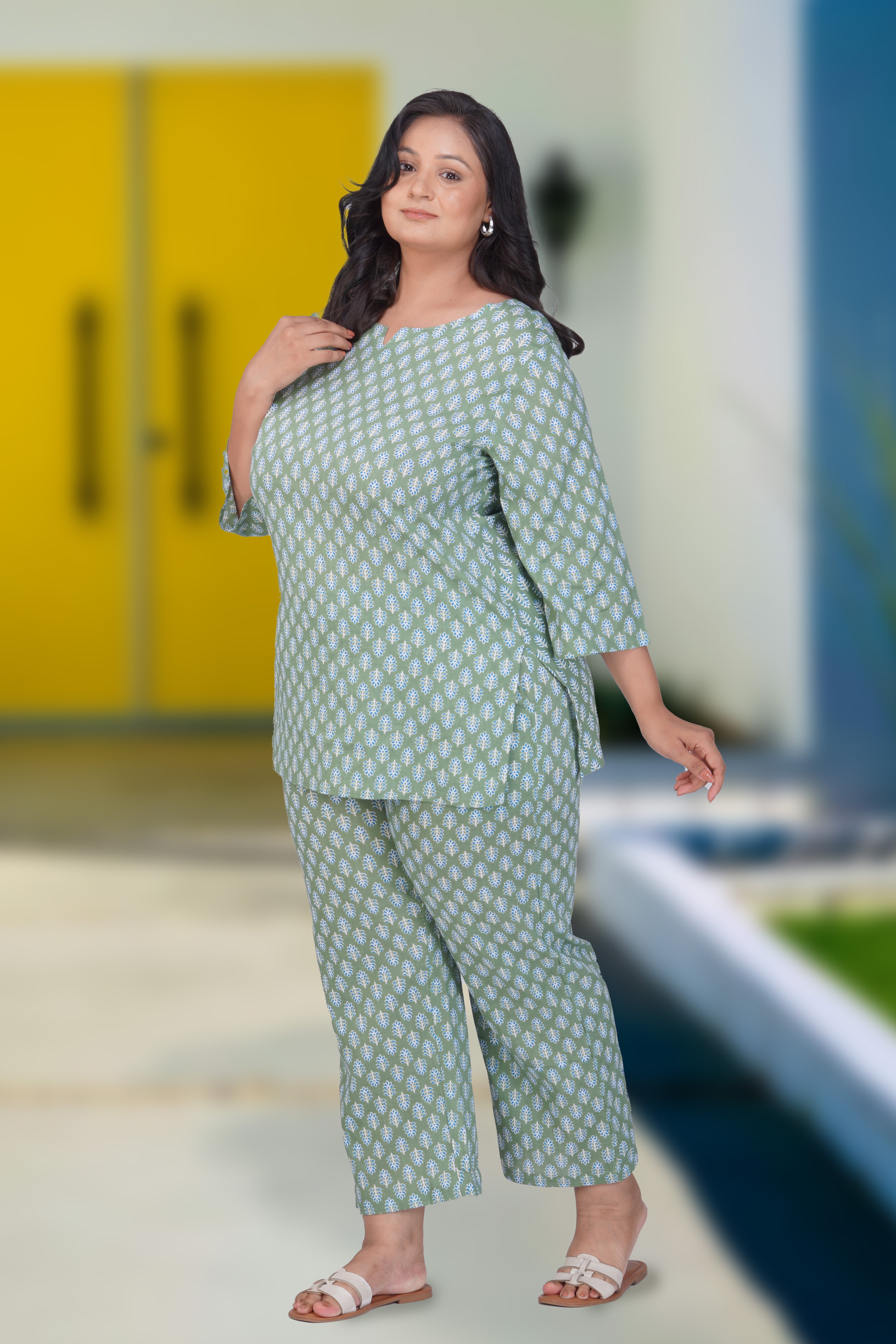Dark Sea Green Plus Size Cotton Printed Pyjama Set