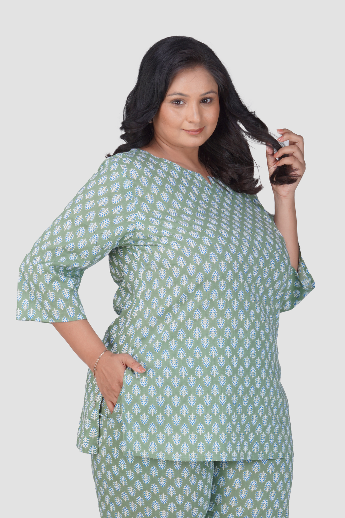 Dark Sea Green Plus Size Cotton Printed Pyjama Set