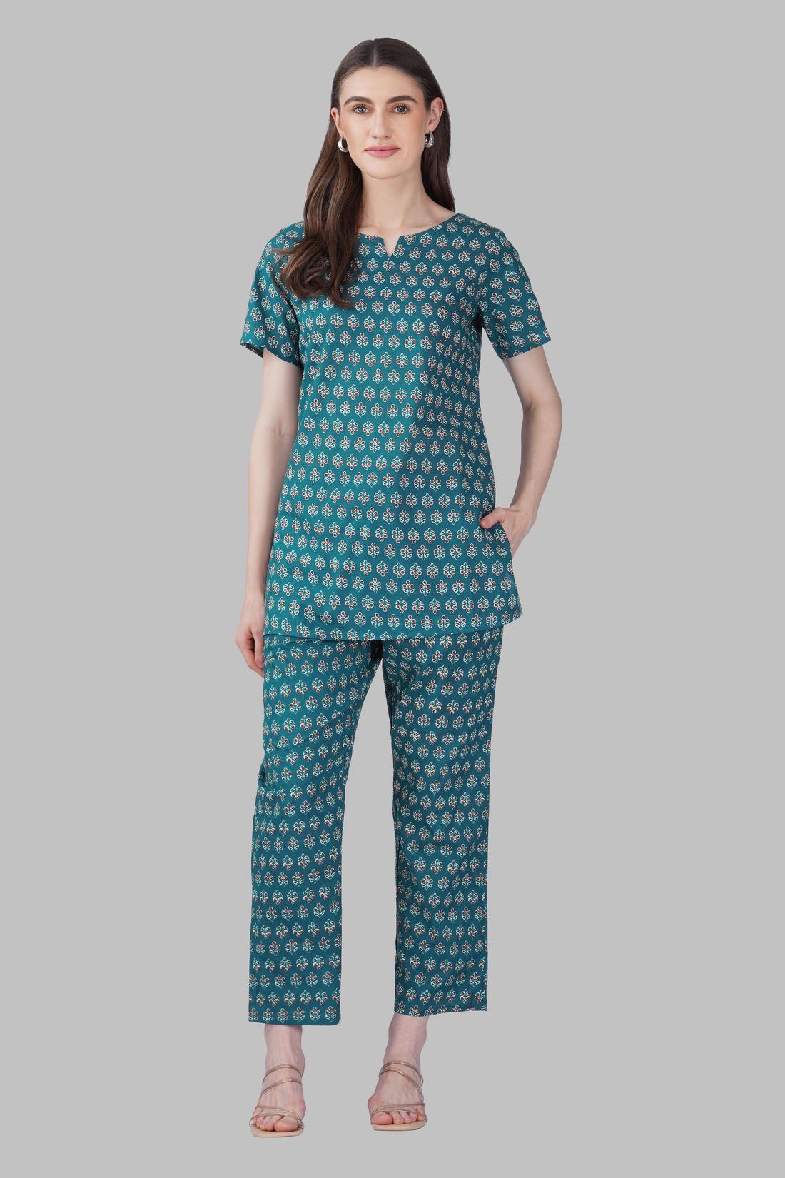Dark Teal Cotton Printed Pyjama Set