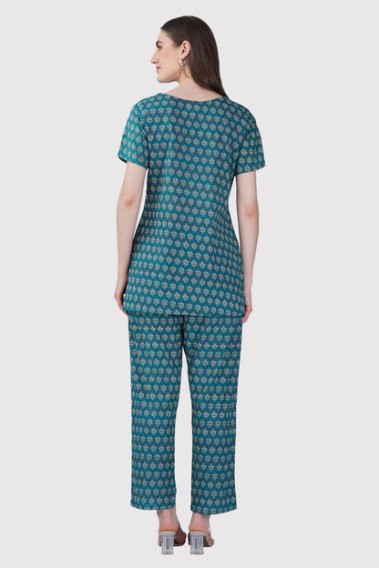 Dark Teal Cotton Printed Pyjama Set