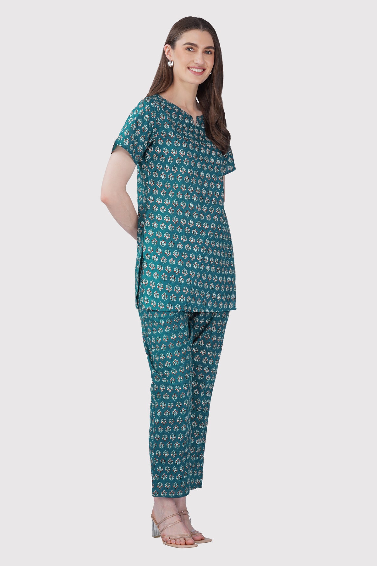 Dark Teal Cotton Printed Pyjama Set