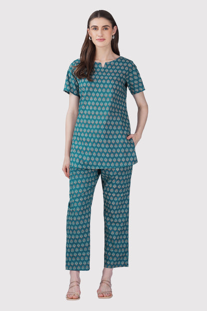 Dark Teal Cotton Printed Pyjama Set