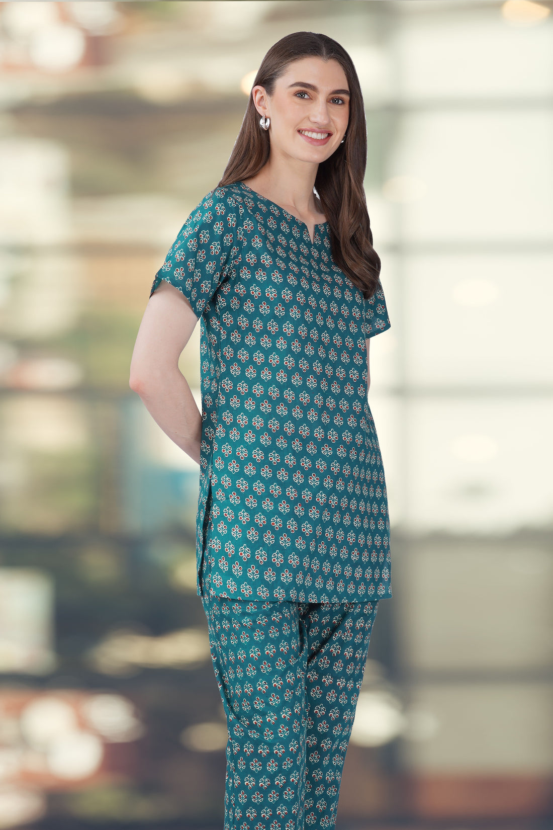 Dark Teal Cotton Printed Pyjama Set