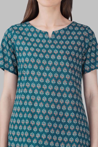 Dark Teal Cotton Printed Pyjama Set