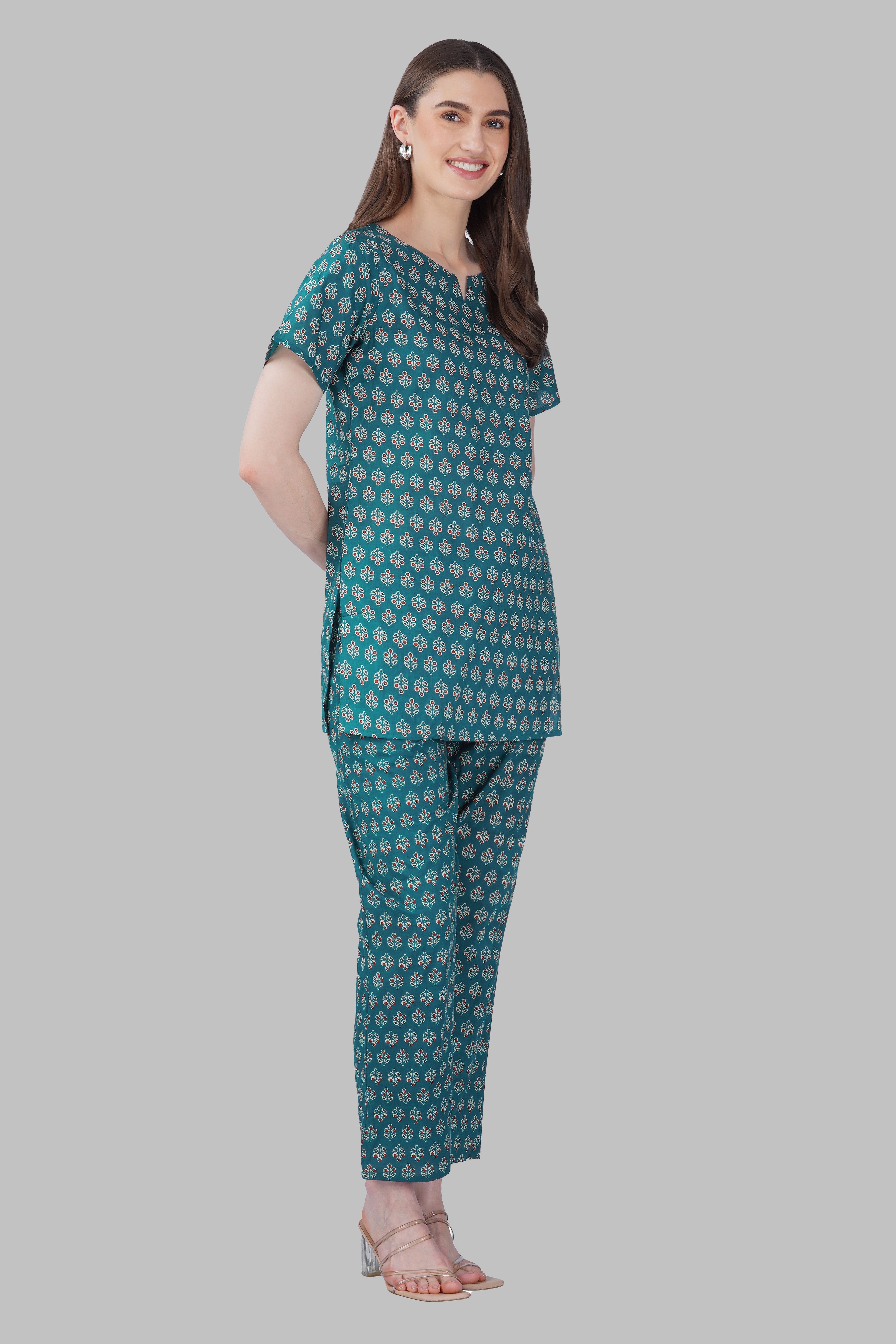 Dark Teal Cotton Printed Pyjama Set