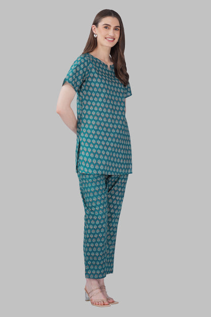 Dark Teal Cotton Printed Pyjama Set
