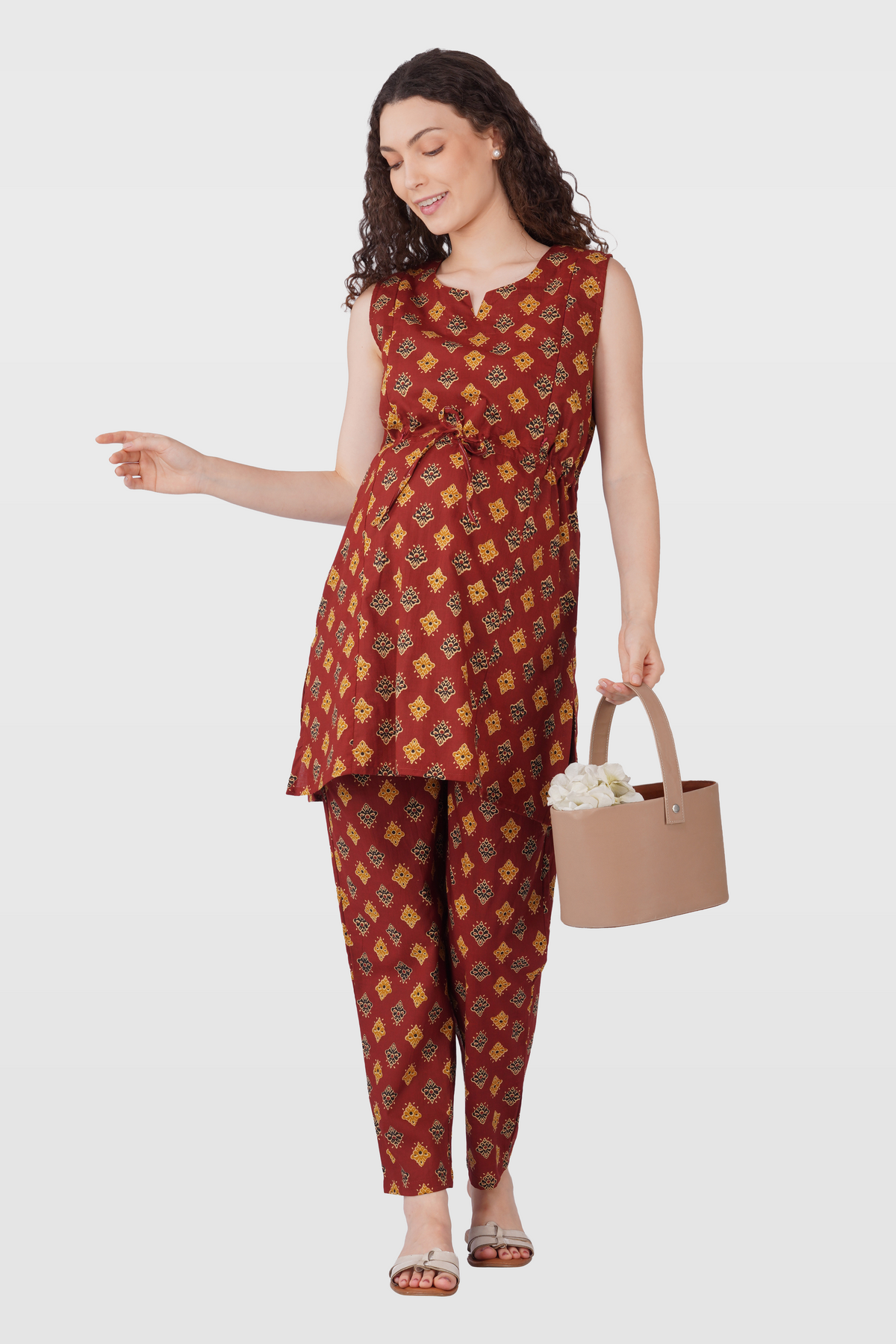 Dark Terracotta Cotton Printed Maternity and Feeding Kurta Set