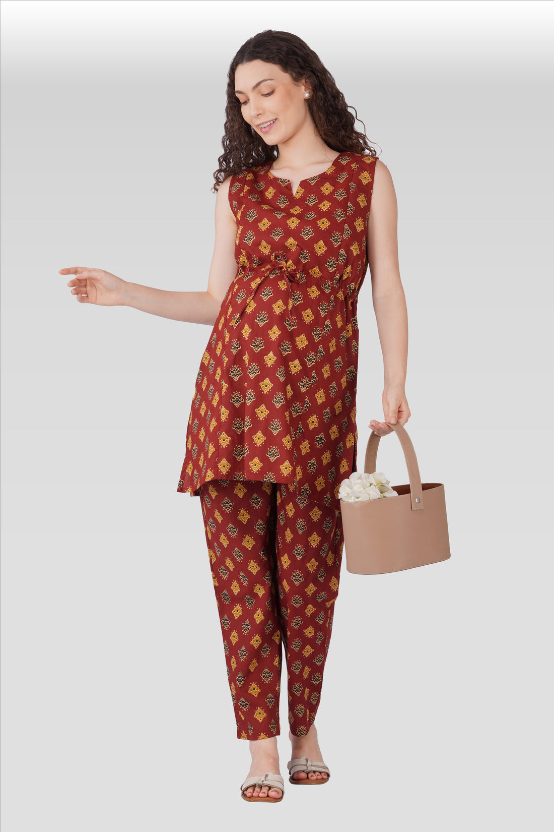 Dark Terracotta Cotton Printed Maternity and Feeding Kurta Set